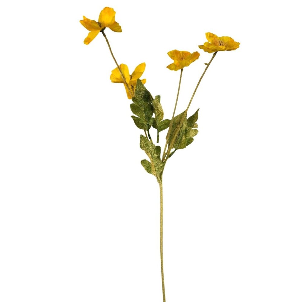 Yellow Artificial Poppy Flower Stems Silk & Plastic Foliage Single Stem Realisti